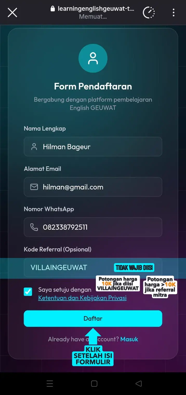 Langkah daftar di website 2